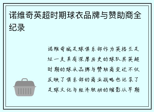 诺维奇英超时期球衣品牌与赞助商全纪录