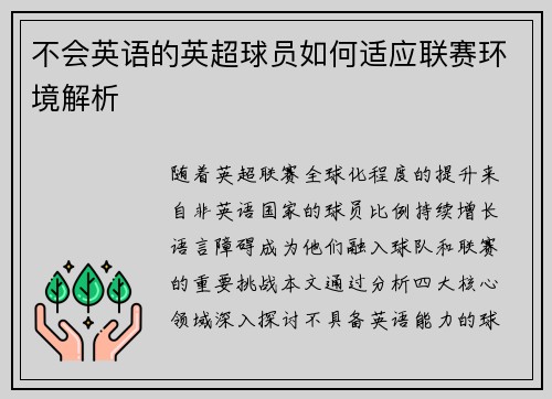 不会英语的英超球员如何适应联赛环境解析